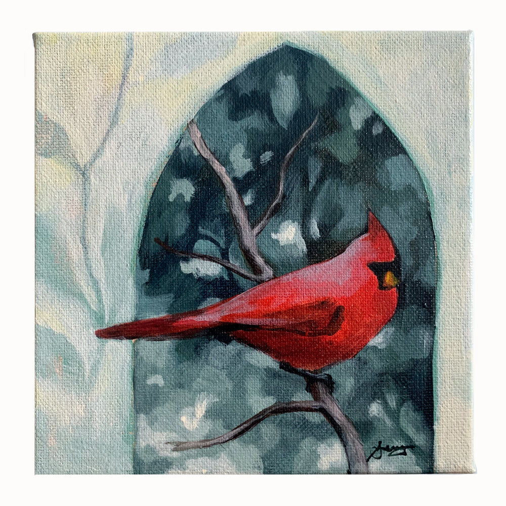 Small painting of a red cardinal among foliage by Western NC artist Hannah Seng.