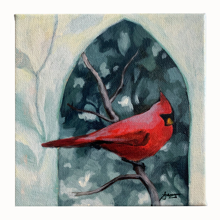 Small painting of a red cardinal among foliage by Western NC artist Hannah Seng.
