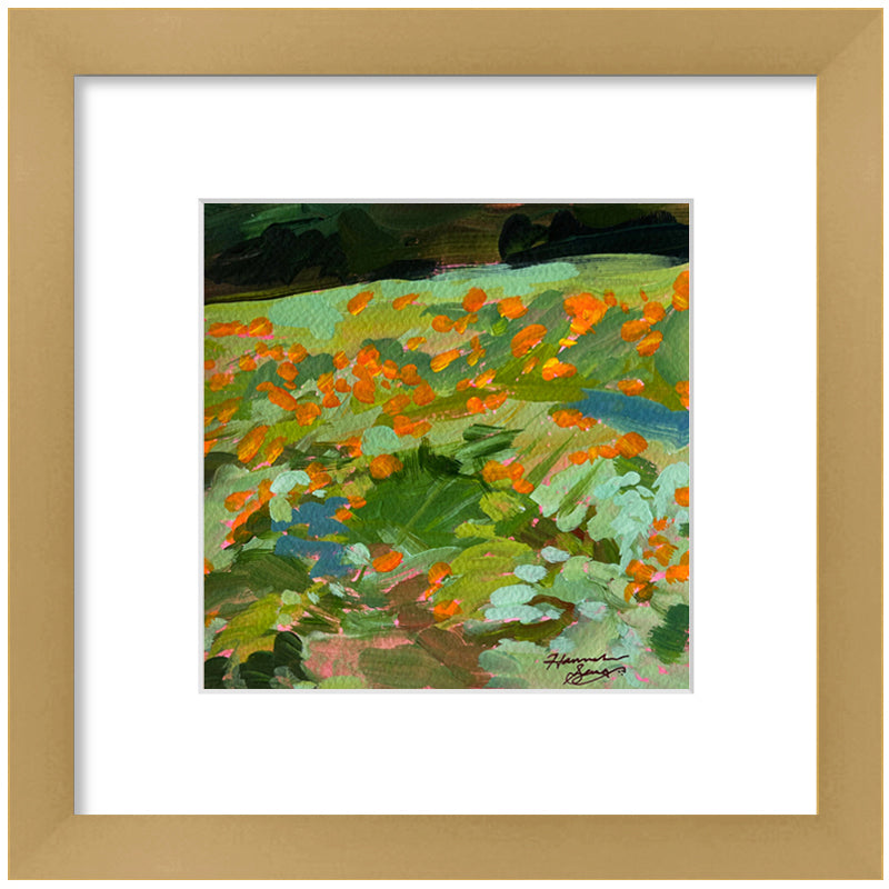 "Saluda Lilies" colorful abstracted landscape painting of lilies by Hannah Seng, acrylic on paper, matted with a satin, warm gold frame and premium acrylic glass.