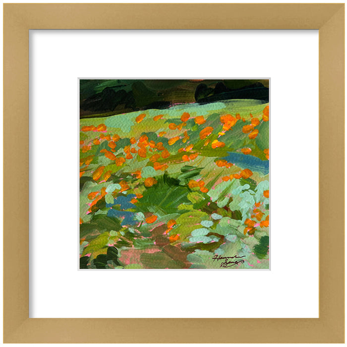 "Saluda Lilies" colorful abstracted landscape painting of lilies by Hannah Seng, acrylic on paper, matted with a satin, warm gold frame and premium acrylic glass.