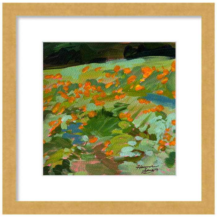 "Saluda Lilies" colorful landscape painting by Hannah Seng, acrylic on paper, matted with a gold frame.