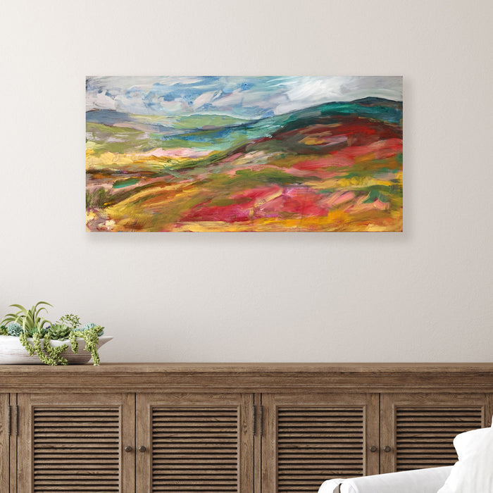 "Secret Ramblings" by Hannah Seng, 12 x 24 x 1.5" acrylic on canvas, colorful mountain landscape painting. 