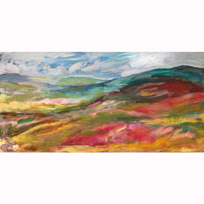 "Secret Ramblings" by Hannah Seng, 12 x 24 x 1.5" acrylic on canvas, colorful mountain landscape painting. 