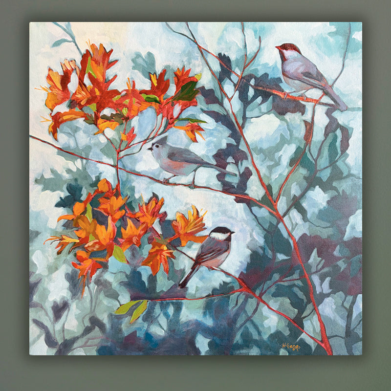 Songbirds and Flame Azalea painting by Hannah Seng. Songbirds perched on branches with flame azalea flowers with backdrop of blue and green leaves. Displayed on green wall.