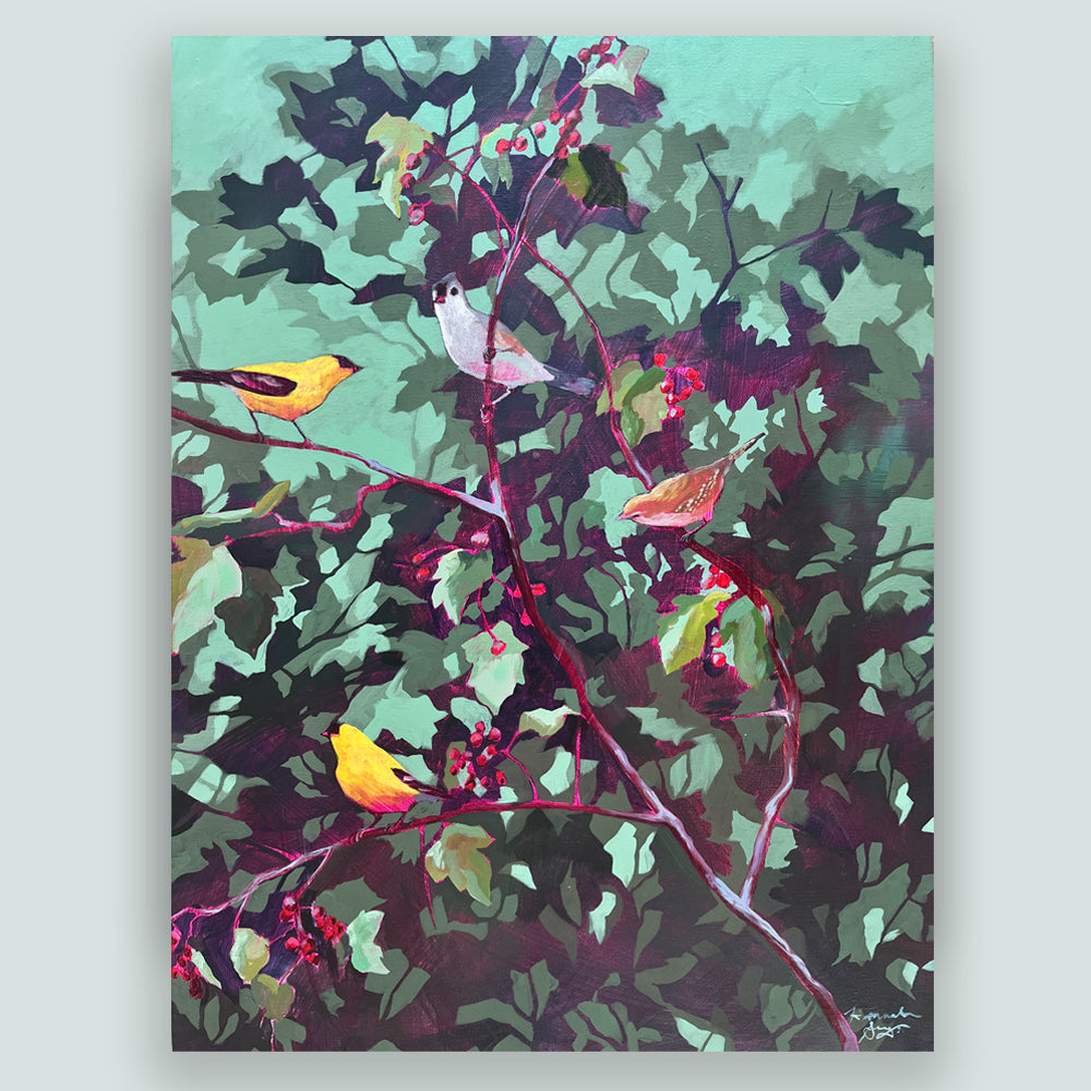 Colorful painting of songbirds among the foliage of a hawthorn by Hannah Seng. Shown on pale blue wall. 