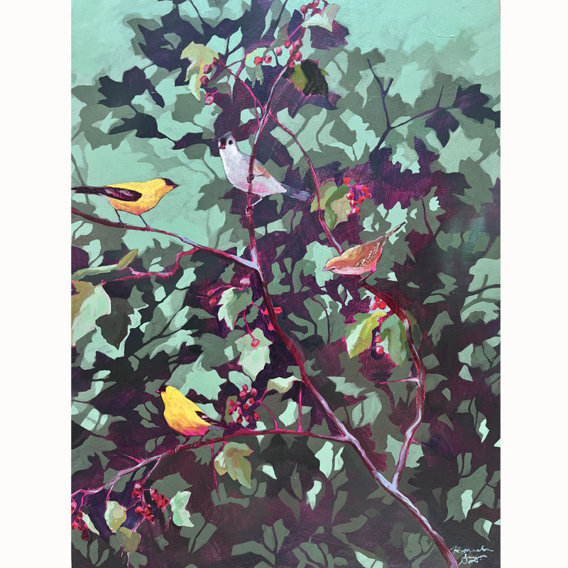 Colorful painting of songbirds among the foliage of a hawthorn by Hannah Seng.