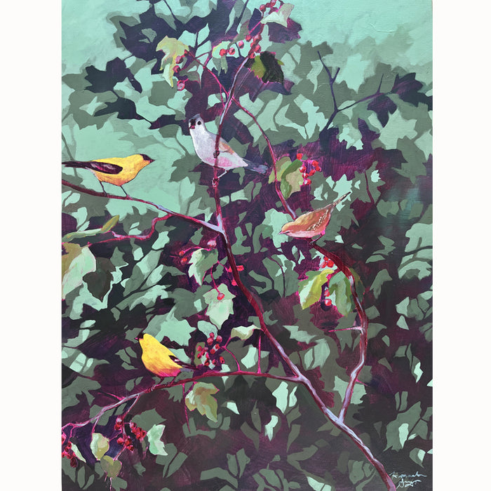 Colorful painting of songbirds among the foliage of a hawthorn by Hannah Seng.