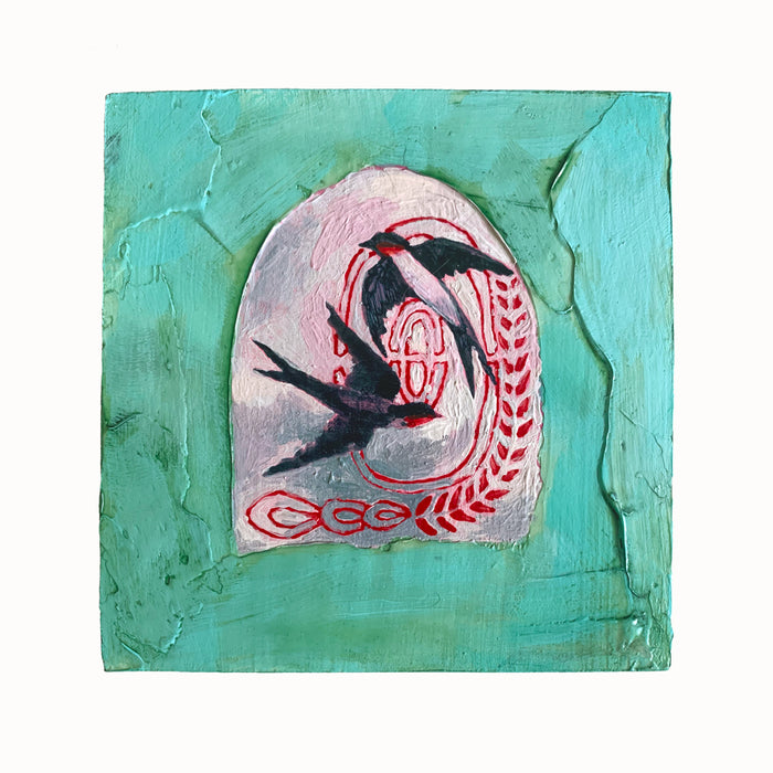 Swallows and Labyrinth, a small mixed media painting by artist Hannah Seng. Two swallow in a portal surrounded by textured aqua paint. 