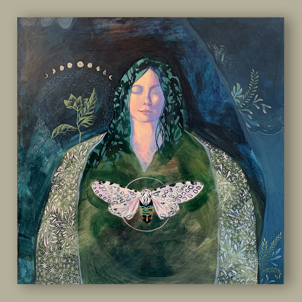 "The Soft Language of Darkness" acrylic painting by Western NC based artist Hannah Seng. The artwork, in rich blues and greens, features a woman, a giant leopard moth, various mosses and the moon phases. Shown on tan wall.