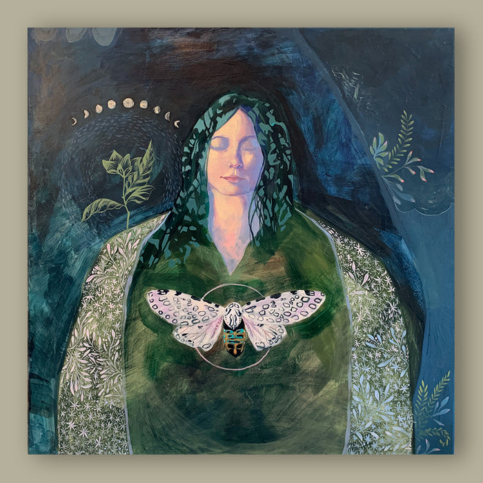 "The Soft Language of Darkness" acrylic painting by Western NC based artist Hannah Seng. The artwork, in rich blues and greens, features a woman, a giant leopard moth, various mosses and the moon phases. Shown on tan wall.
