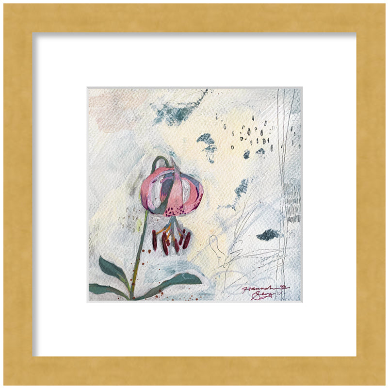 "Trout Lily" painting by Hannah Seng, acrylic on paper, matted with a gold frame.