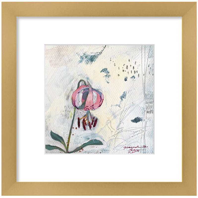 "Trout Lily" flower painting by Hannah Seng, acrylic on paper, matted with a satin gold frame.