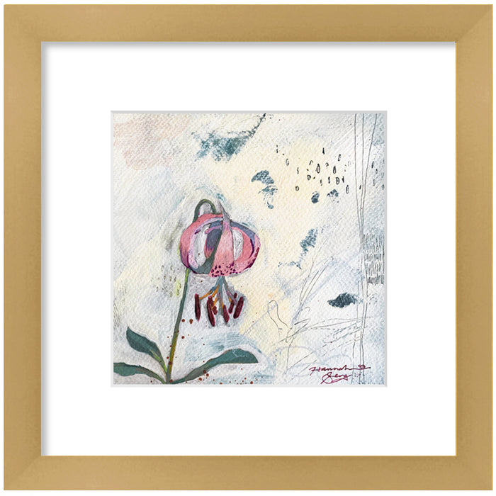 "Trout Lily" flower painting by Hannah Seng, acrylic on paper, matted with a satin gold frame.