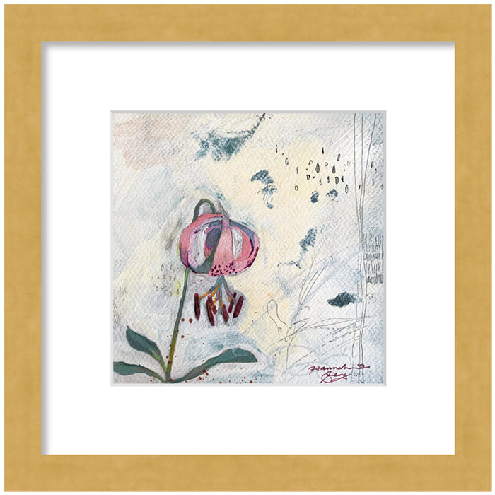 "Trout Lily" painting by Hannah Seng, acrylic on paper, matted with a gold frame.