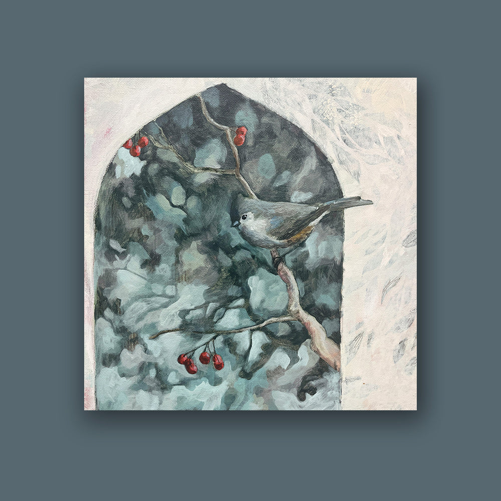 Hannah Seng's "Tufted Titmouse" painting, a single tufted titmouse perches on a branch with berries. Shown on a dark blue wall. 