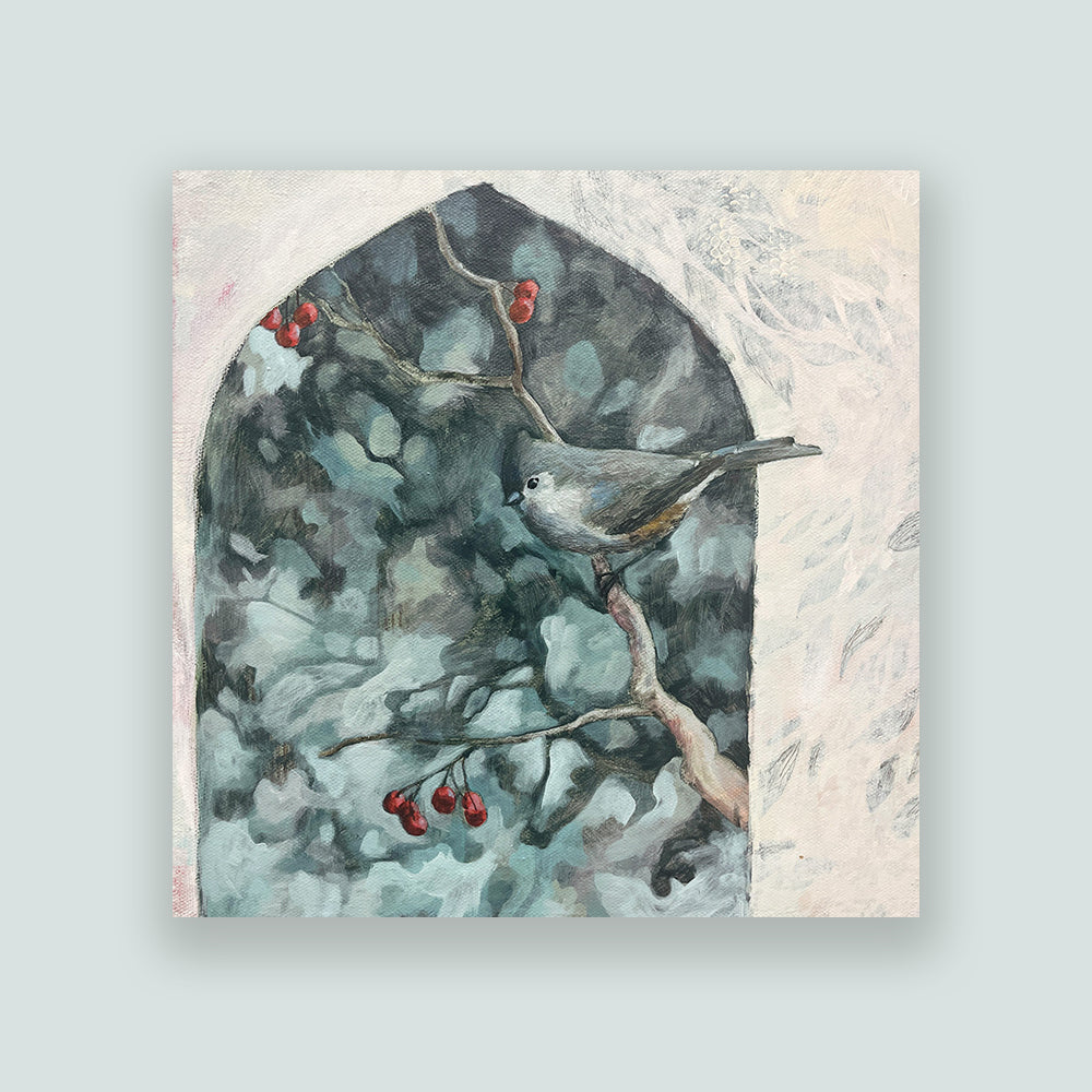 Hannah Seng's "Tufted Titmouse" painting, a single tufted titmouse perches on a branch with berries. Shown on a pale blue wall.
