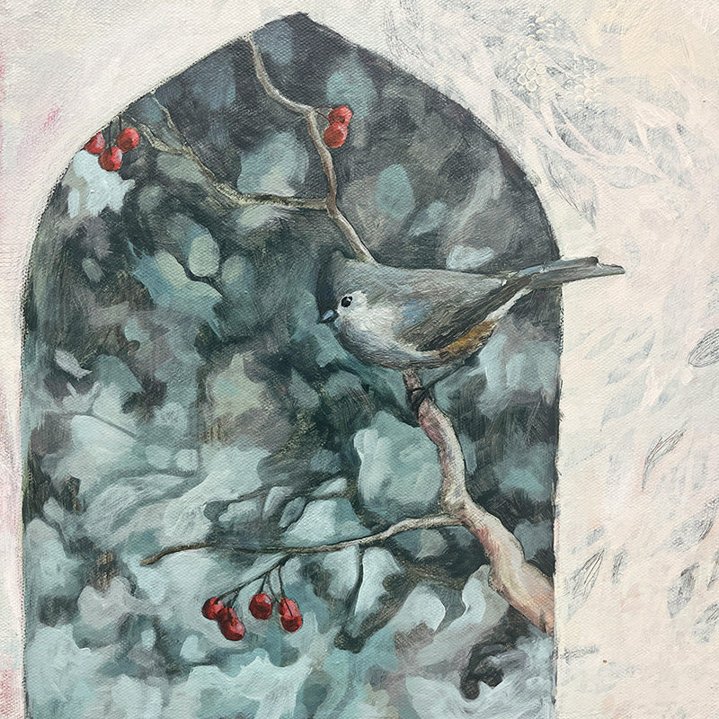 Hannah Seng's "Tufted Titmouse" painting, a single tufted titmouse perches on a branch with berries. 