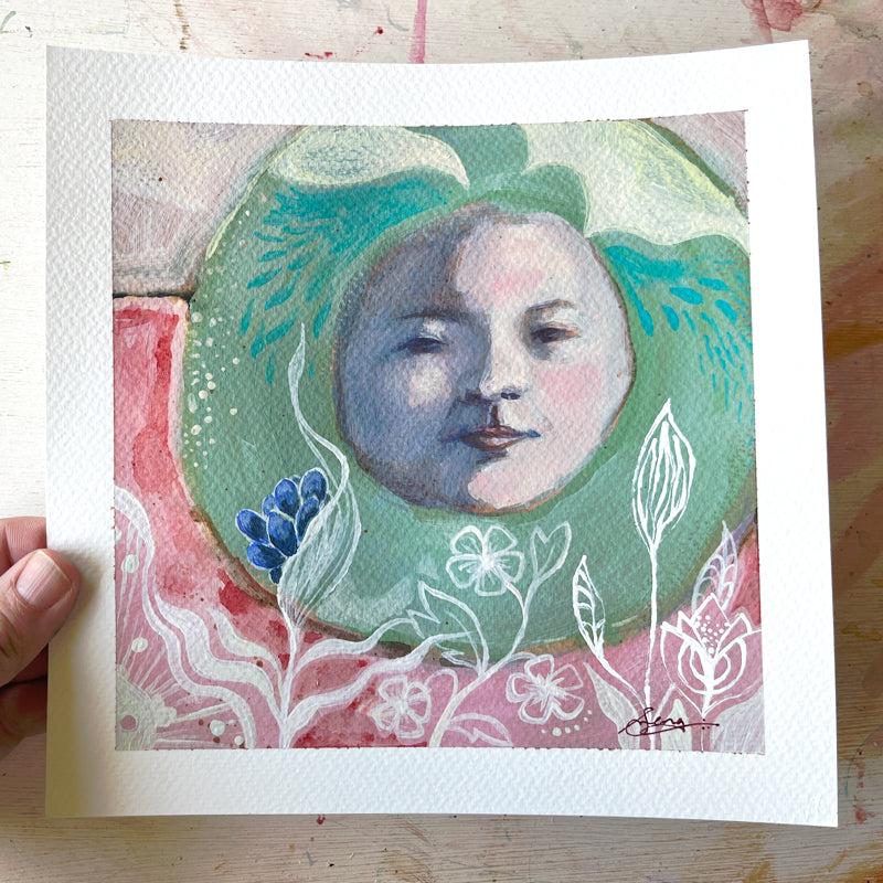 "Untitled Portrait" painting by Hannah Seng, acrylic on paper.