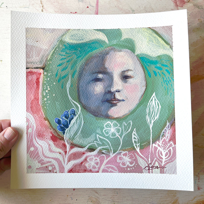 "Untitled Portrait" painting by Hannah Seng, acrylic on paper.