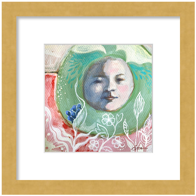 "Untitled Portrait" painting by Hannah Seng, acrylic on paper, matted with a gold frame.