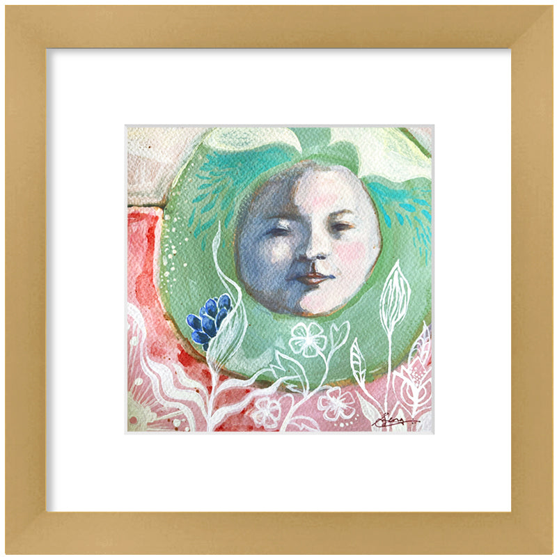 "Untitled Portrait" painting by Hannah Seng, acrylic on paper, matted with a satin gold frame. A face inside of a green circle with flowers blooming from below.