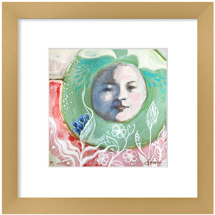 "Untitled Portrait" painting by Hannah Seng, acrylic on paper, matted with a satin gold frame. A face inside of a green circle with flowers blooming from below.