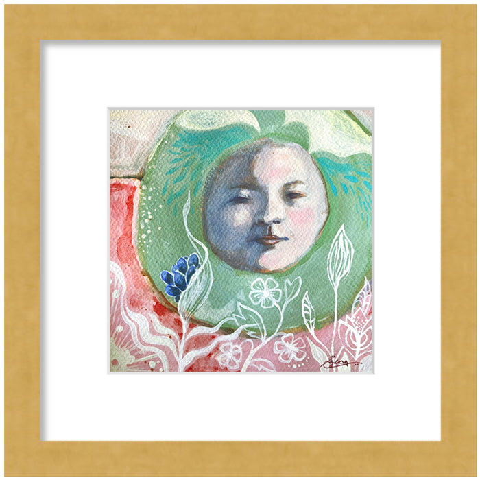 "Untitled Portrait" painting by Hannah Seng, acrylic on paper, matted with a gold frame.