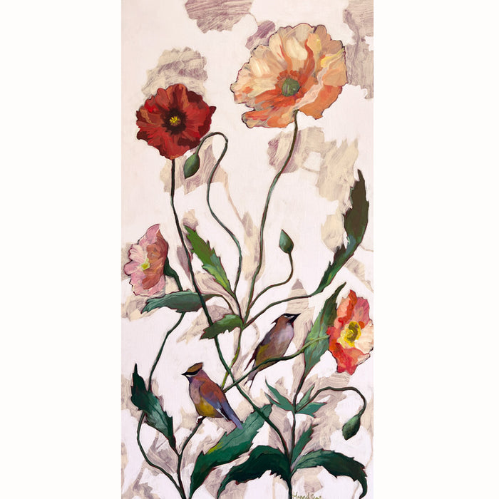 A vertical, acrylic on wood painting by Hannah Seng. Two waxwing birds perched among poppy flowers in reds, pink and orange with a pale pink background. 