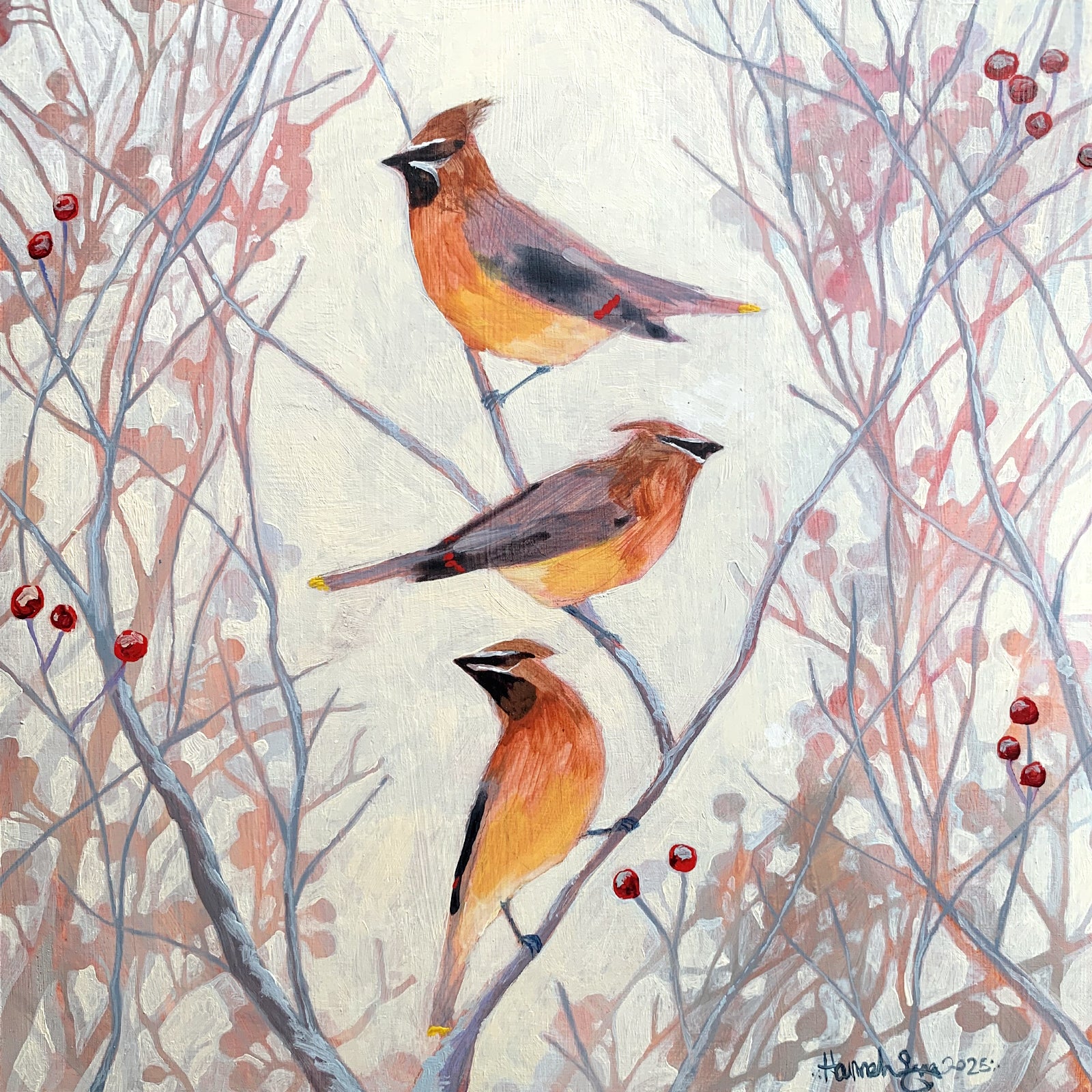 "Winter Warblers" by Hannah Seng, 12 x 12 x 1.5" acrylic on panel painting with 3 cedar waxwing birds sitting in the brush. 