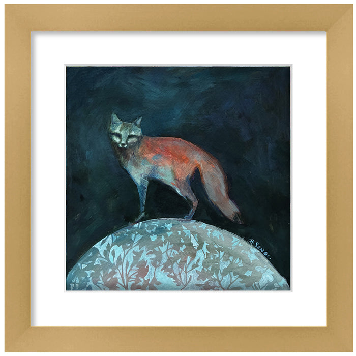 Acrylic on paper painting by Hannah Seng. A fox sitting on top of a half circle filled with botanical imagery, with  a black  background. Matted and set in a satin gold frame. 