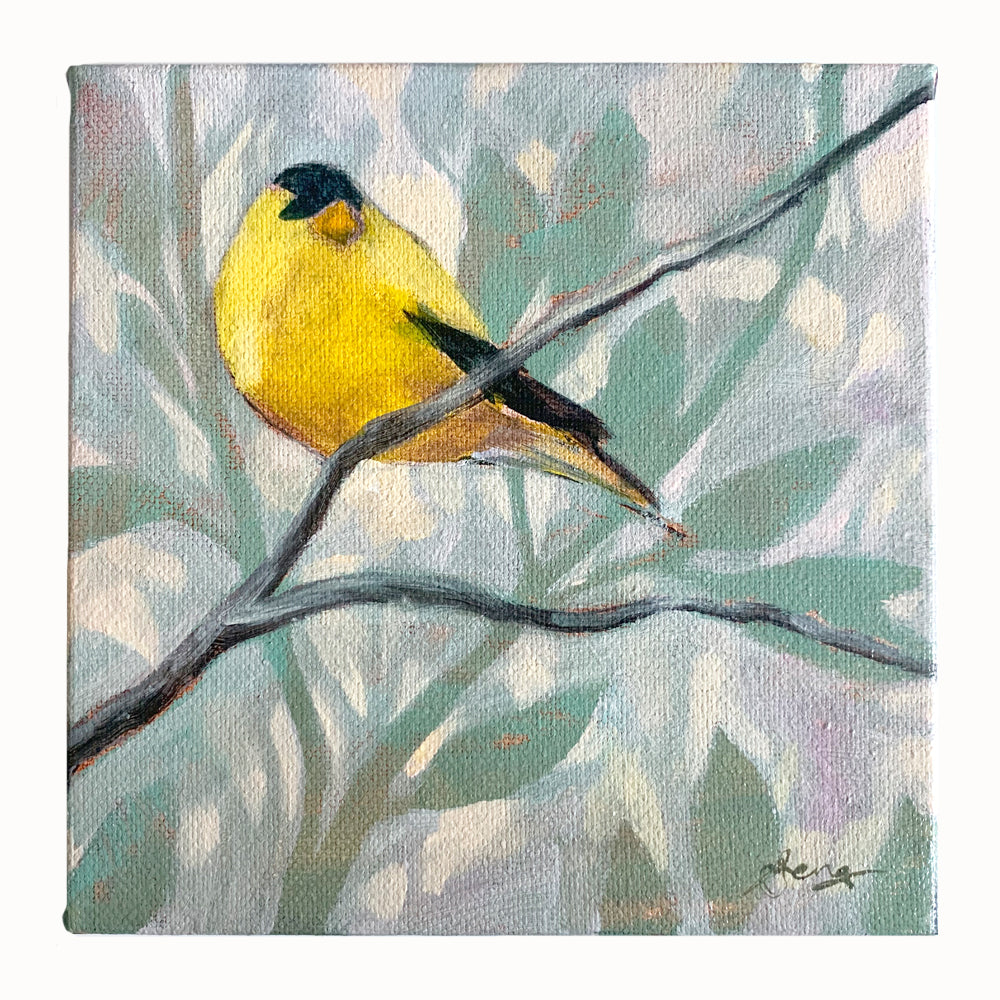 Small painting of a yellow goldfinch among foliage by Western NC artist Hannah Seng.