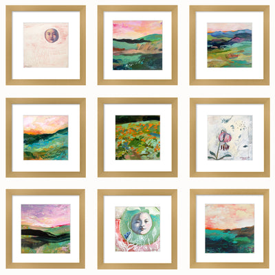 A group of artwork on paper by Hannah Seng, matted and set in satin gold frames. Color mountain landscapes and more.