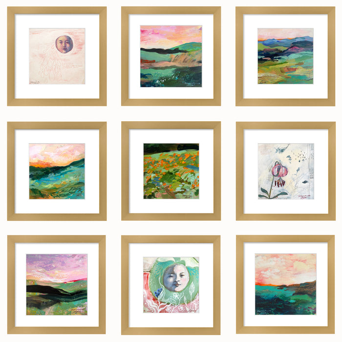 A group of artwork on paper by Hannah Seng, matted and set in satin gold frames. Color mountain landscapes and more.
