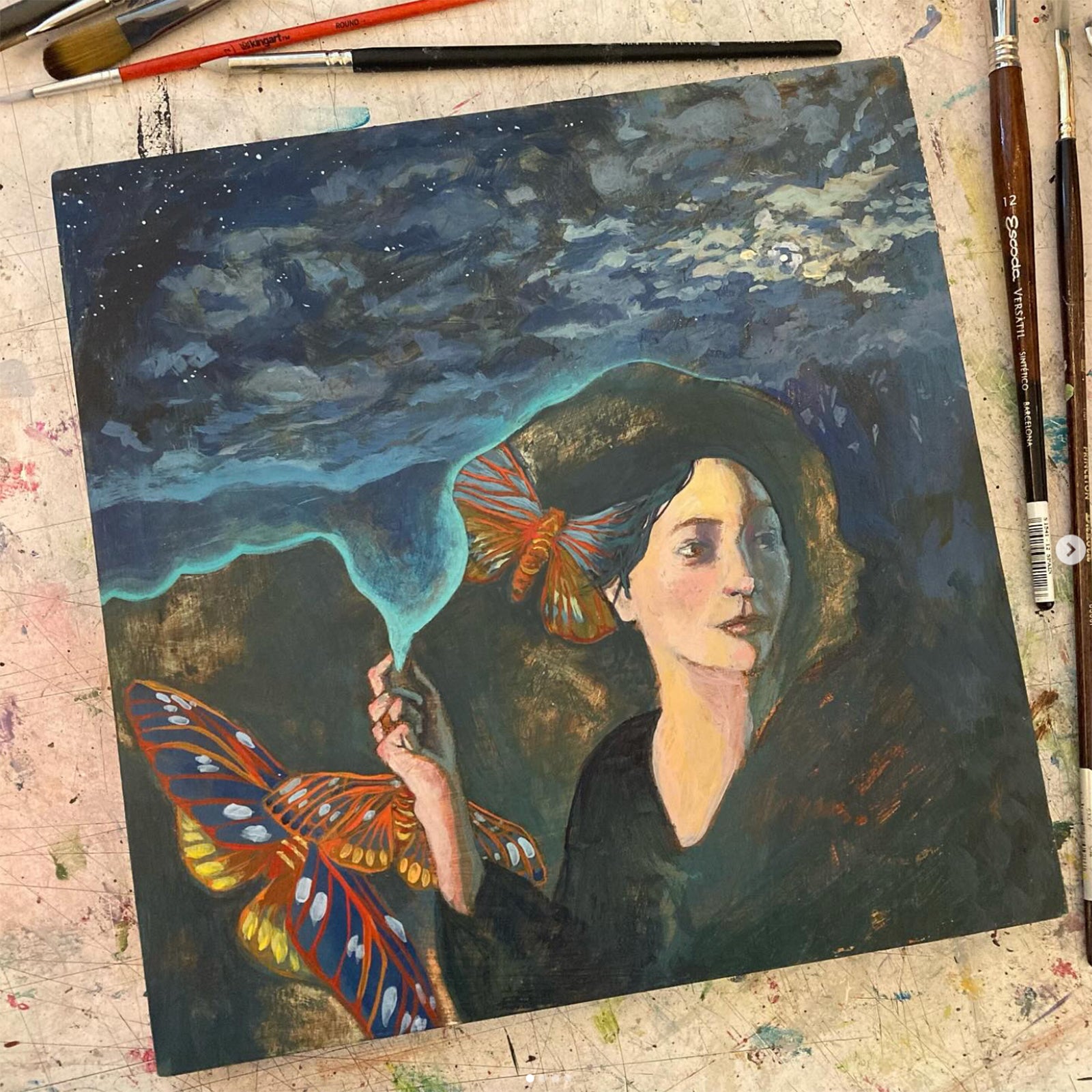 "Key to the Flame" illustrative painting by Hannah Seng. A woman and royal walnut moths under a night sky.