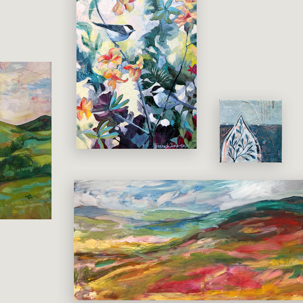 Hannah Seng's nature inspired artwork. A group of various paintings including birds, flame azalea, and mountain landscapes.