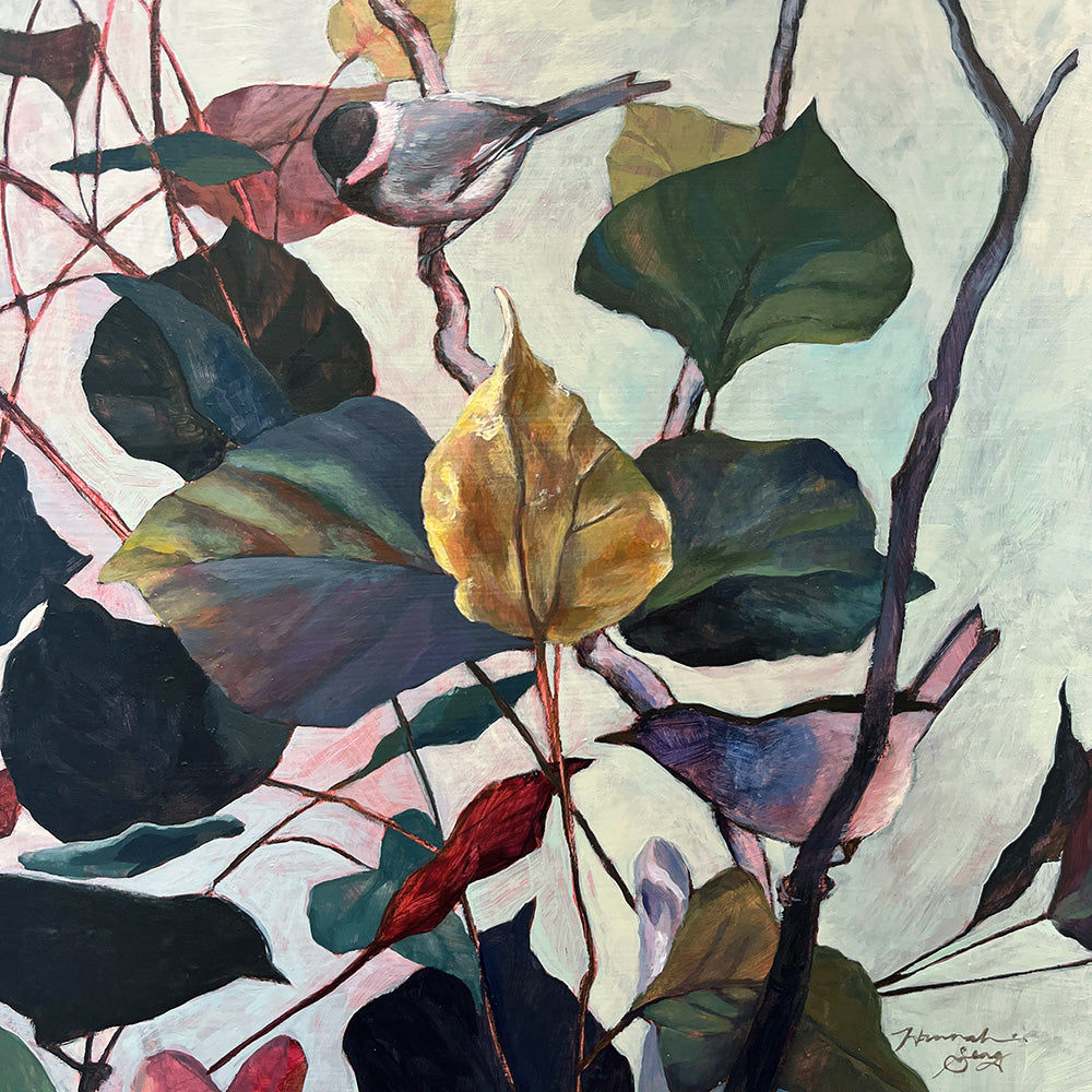 Hannah Seng's "Leaves of Birdsong" painting, a black capped chickadee and Carolina wren among fall foliage. 