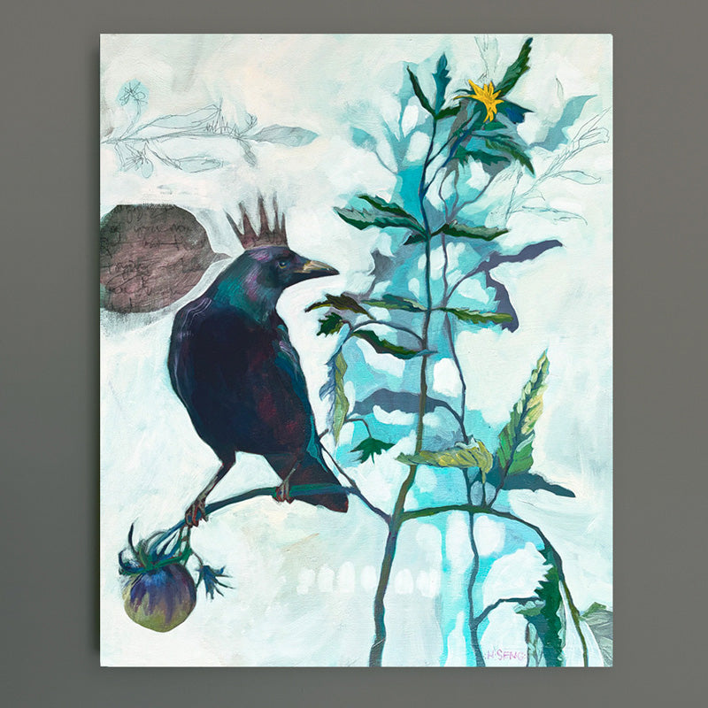 The Queen of the Garden illustrative painting by Hannah Seng features a crow, with a crown on its head, perched on a tomato vine with a single yellow flower in bloom. Displayed on gray wall.