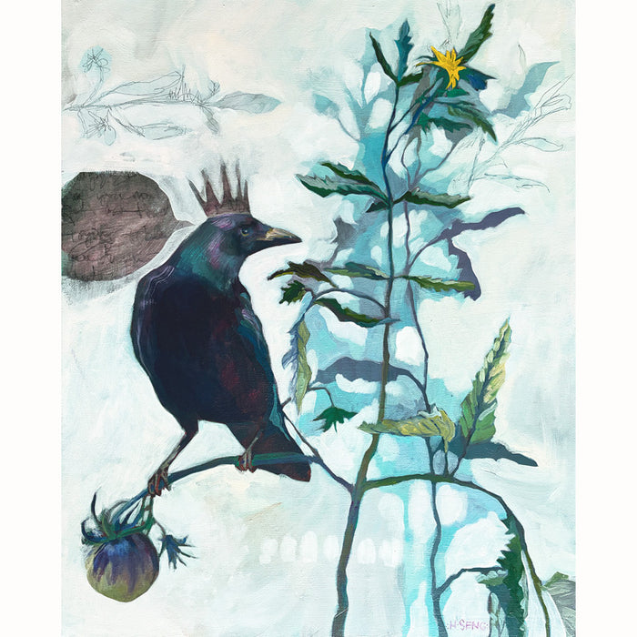 The Queen of the Garden illustrative painting by Hannah Seng features a crow, with a crown on its head, perched on a tomato vine with a single yellow flower in bloom. 