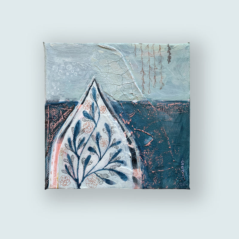 "A Quiet Temple" by Western NC based artist Hannah Seng. 5 x 5 x 1.5" acrylic and mixed media on canvas, blue with pink nature themed painting. Shown on a pale blue wall.