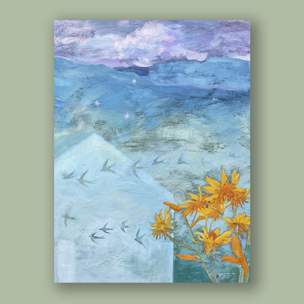 "Call it Dreaming" artwork by Western NC based artist Hannah Seng. Soothing mountain dreamscape in blues and purples, with barn swallows in flight and yellow flowers blooming in the foreground. Painting shown on a pale green wall. 