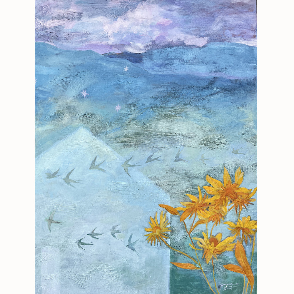 "Call it Dreaming" artwork by Western NC based artist Hannah Seng. Soothing mountain dreamscape in blues and purples, with barn swallows in flight and yellow flowers blooming in the foreground.