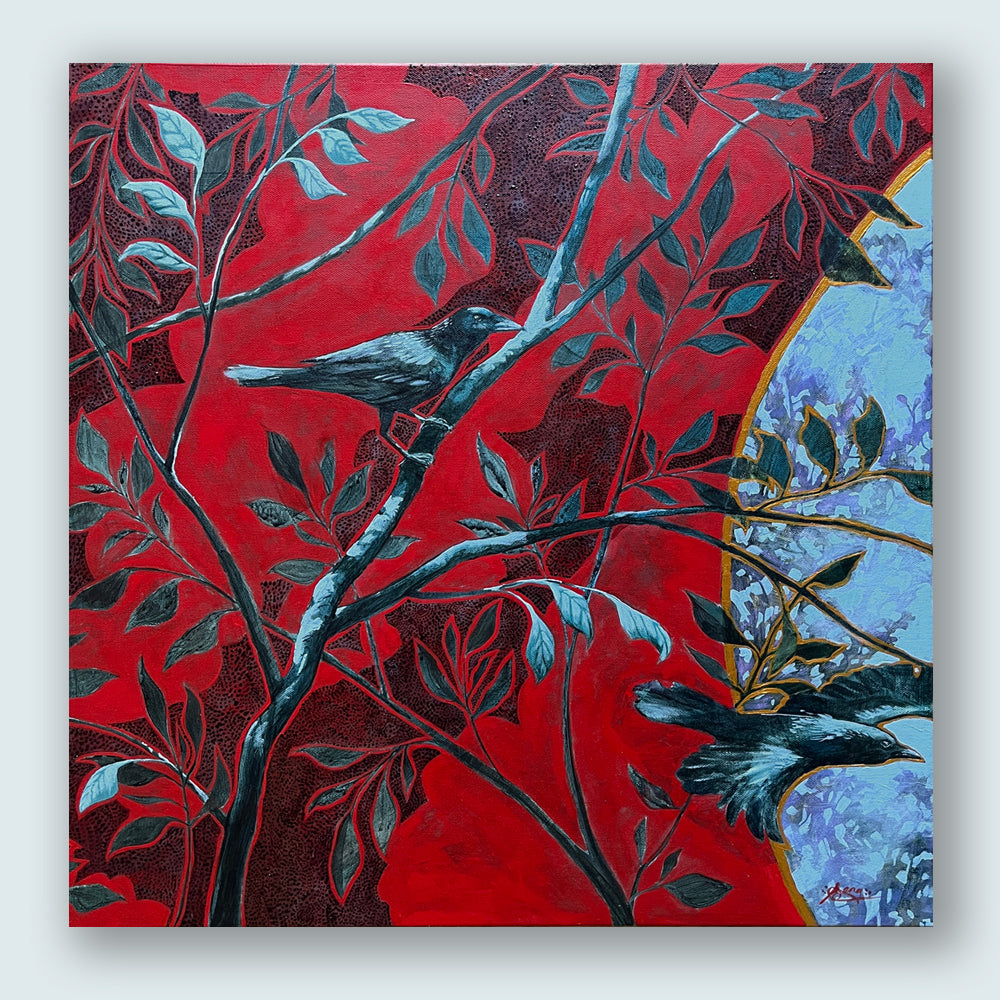 "Crows in the Cherry Tree" artwork by Western NC based artist Hannah Seng.  The bold red, black and blue painting features two crows among cherry tree branches. The painting is shown on a pale blue wall.