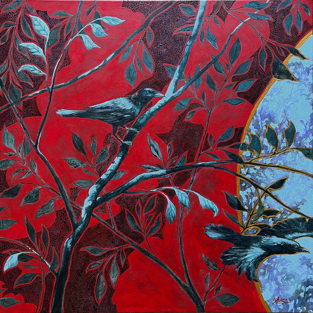 "Crows in the Cherry Tree" artwork by Western NC based artist Hannah Seng.  The bold red, black and blue painting features two crows among cherry tree branches.