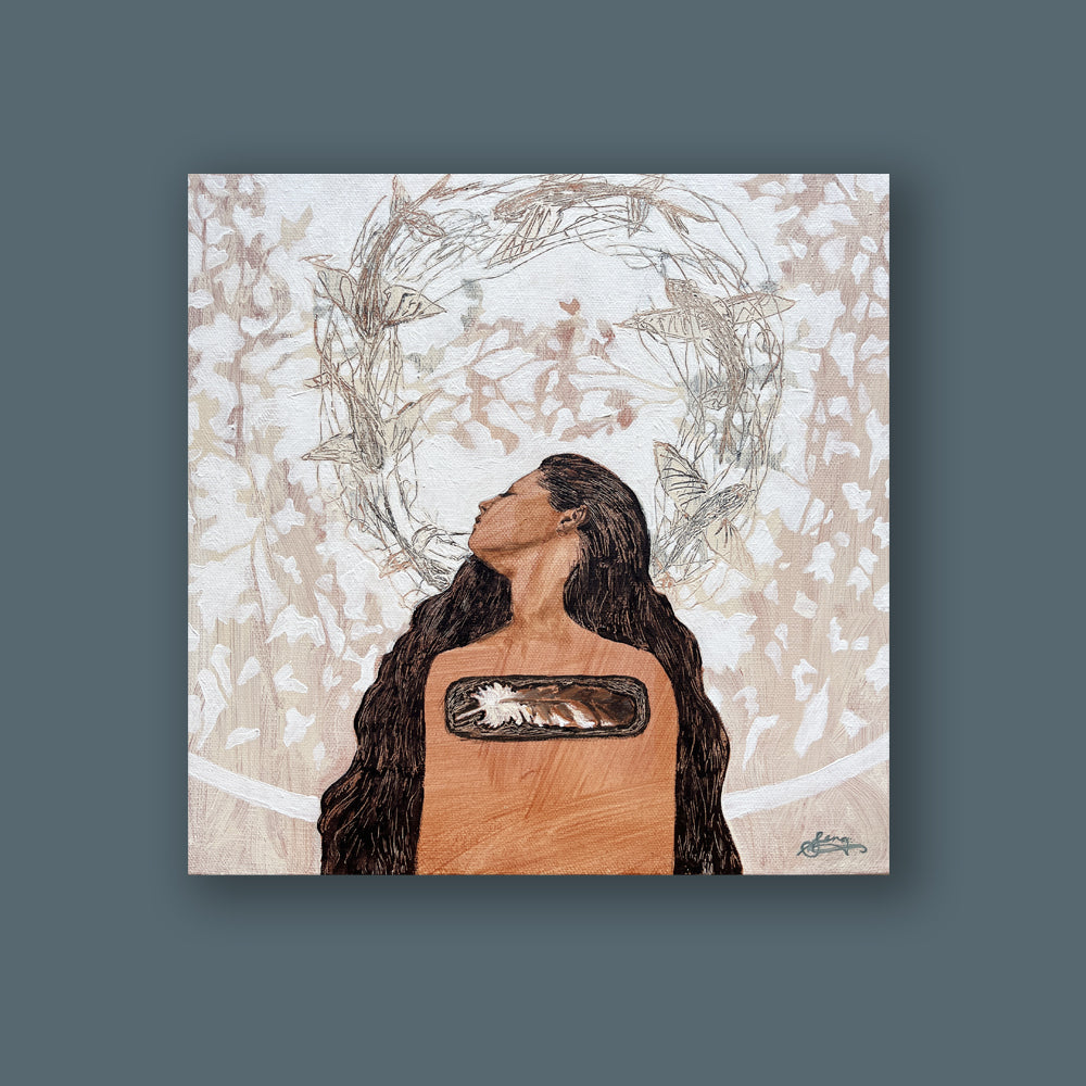 "Fathoms and Vistas" artwork by Western NC based artist Hannah Seng.  The painting features a woman and a feather of a red shouldered hawk, with botanical details in the background. A circle of flying fish was etched into the paint while it was still wet, creating extra texture on the surface. The painting is shown on a blue wall. 