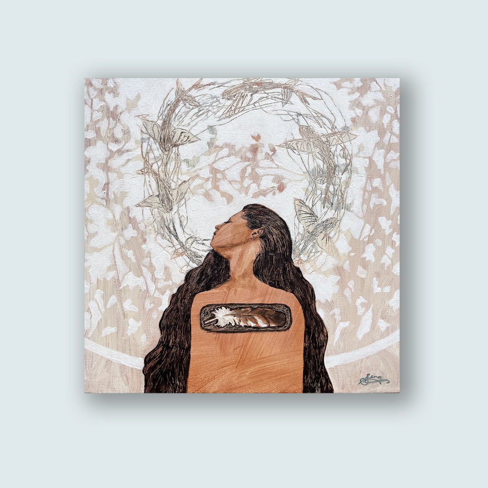 "Fathoms and Vistas" artwork by Western NC based artist Hannah Seng.  The painting features a woman and a feather of a red shouldered hawk, with botanical details in the background. A circle of flying fish was etched into the paint while it was still wet, creating extra texture on the surface. The painting is shown on a pale blue wall.