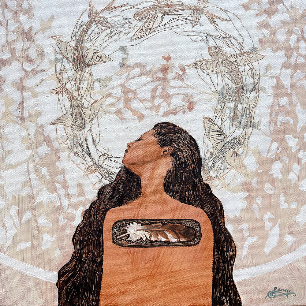 "Fathoms and Vistas" artwork by Western NC based artist Hannah Seng.  The painting features a woman and a feather of a red shouldered hawk, with botanical details in the background. A circle of flying fish was etched into the paint while it was still wet, creating extra texture on the surface.