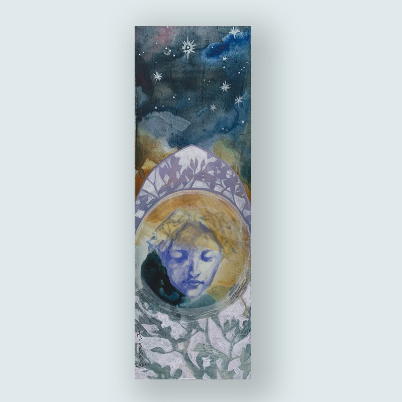 "Glisten" by Western NC based artist Hannah Seng, 12 x 4 x 1.5" acrylic on canvas celestial and nature themed painting.  Shown on pale blue wall.