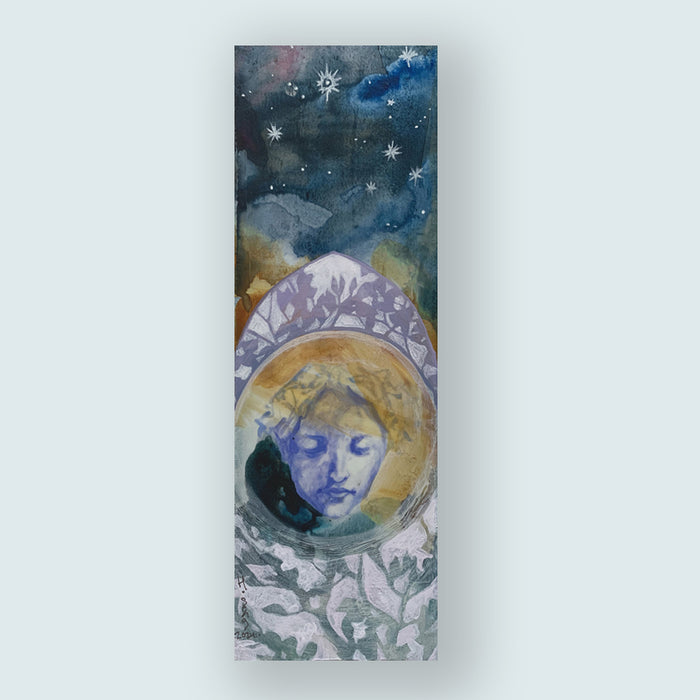 "Glisten" by Western NC based artist Hannah Seng, 12 x 4 x 1.5" acrylic on canvas celestial and nature themed painting.  Shown on pale blue wall.
