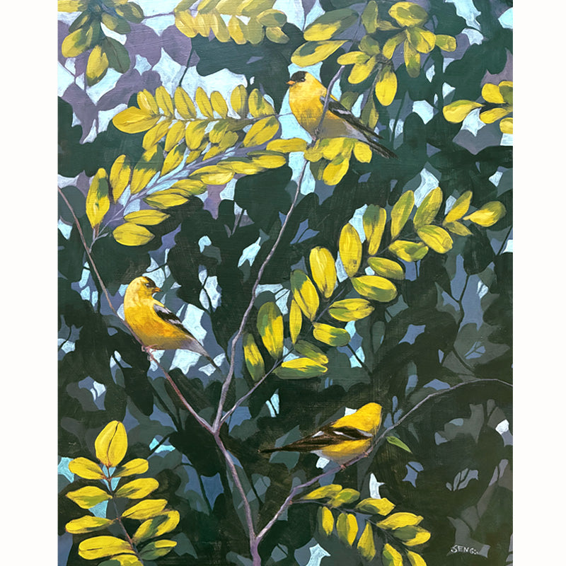 Acrylic painting by Hannah Seng, featuring three goldfinch birds perched among locust tree branches with yellow and green foliage. 