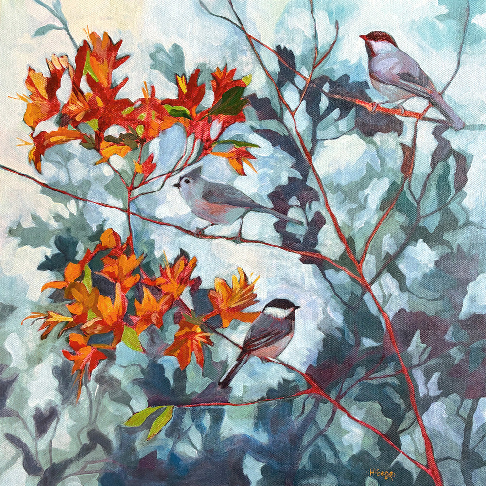 Songbirds and Flame Azalea painting by Hannah Seng. Songbirds perched on branches with flame azalea flowers with backdrop of blue and green leaves.